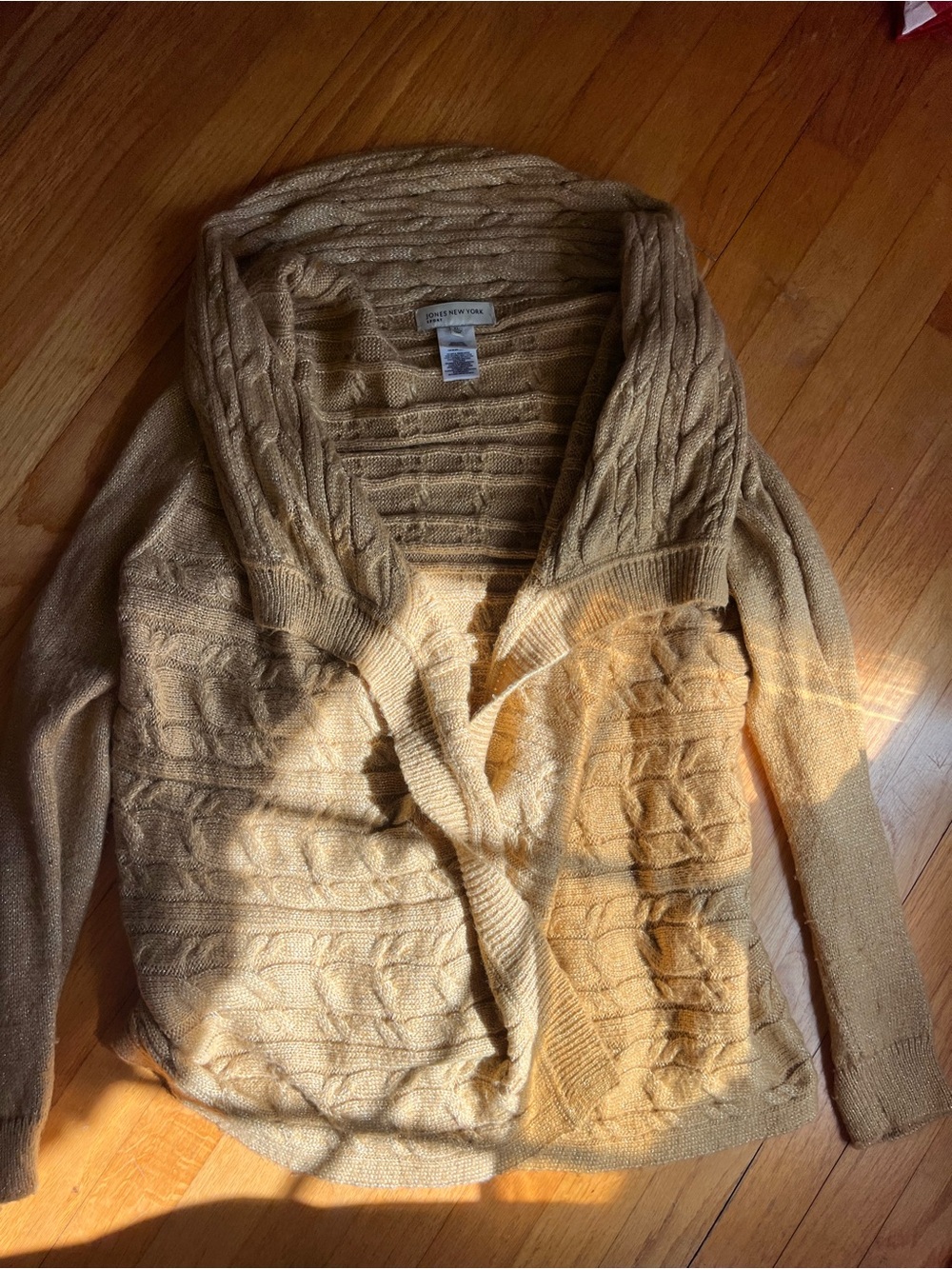 Jones New York gold Shawl Collar Cable Knit Sweater